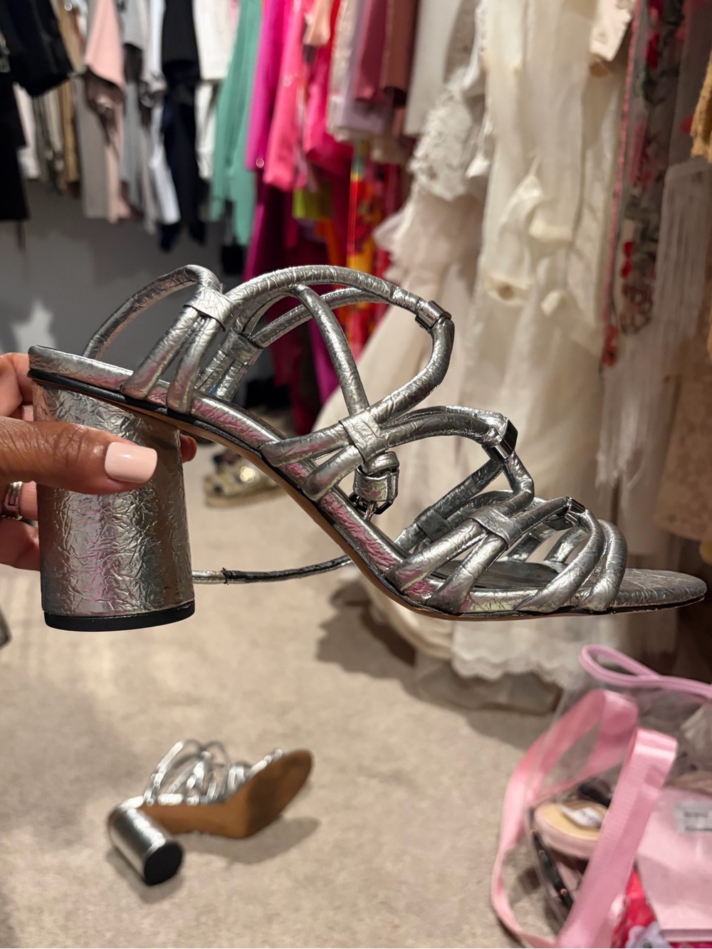 Silver Strappy Block Heel Sandals
